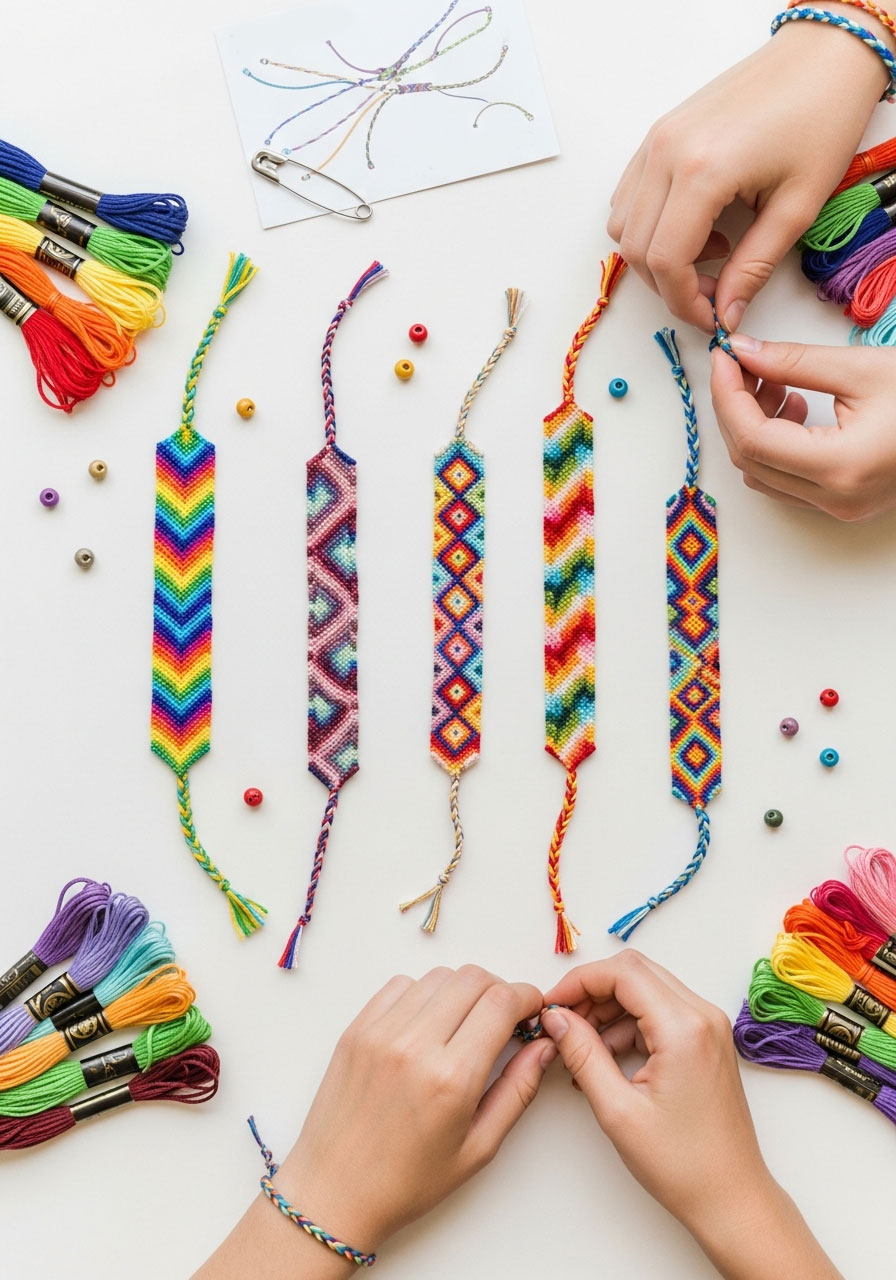Handmade friendship bracelets party favors in colorful patterns with embroidery floss