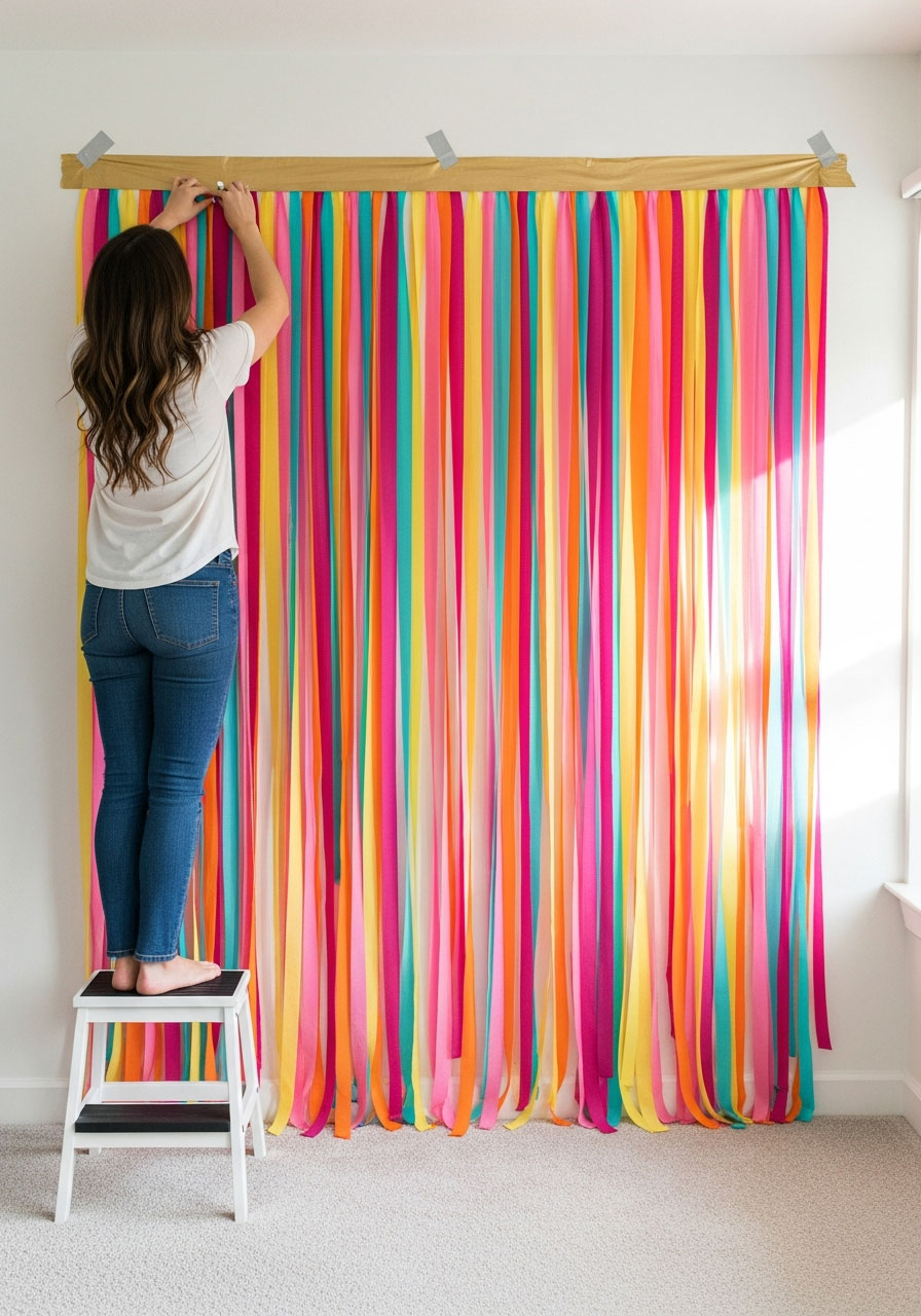 Woman hanging completed colorful DIY tablecloth backdrop on white living room wall with tacks