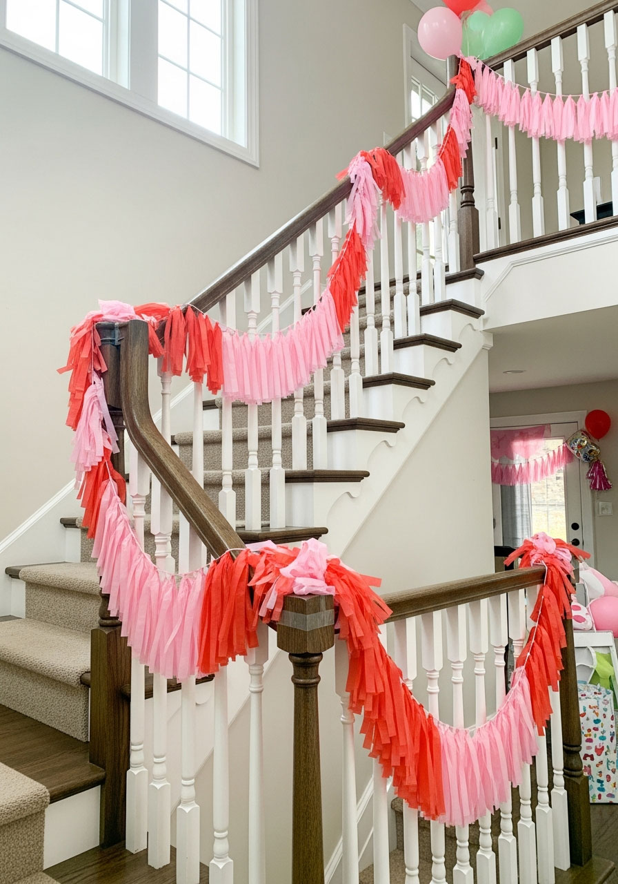 Pink tissue paper garland draped along white staircase railing for birthday party decoration