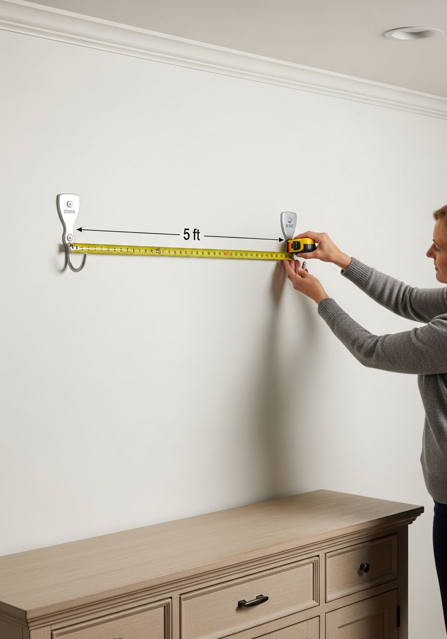 Woman installing removable Command hooks on wall to hang crepe paper streamer party backdrop with measuring tape showing spacing