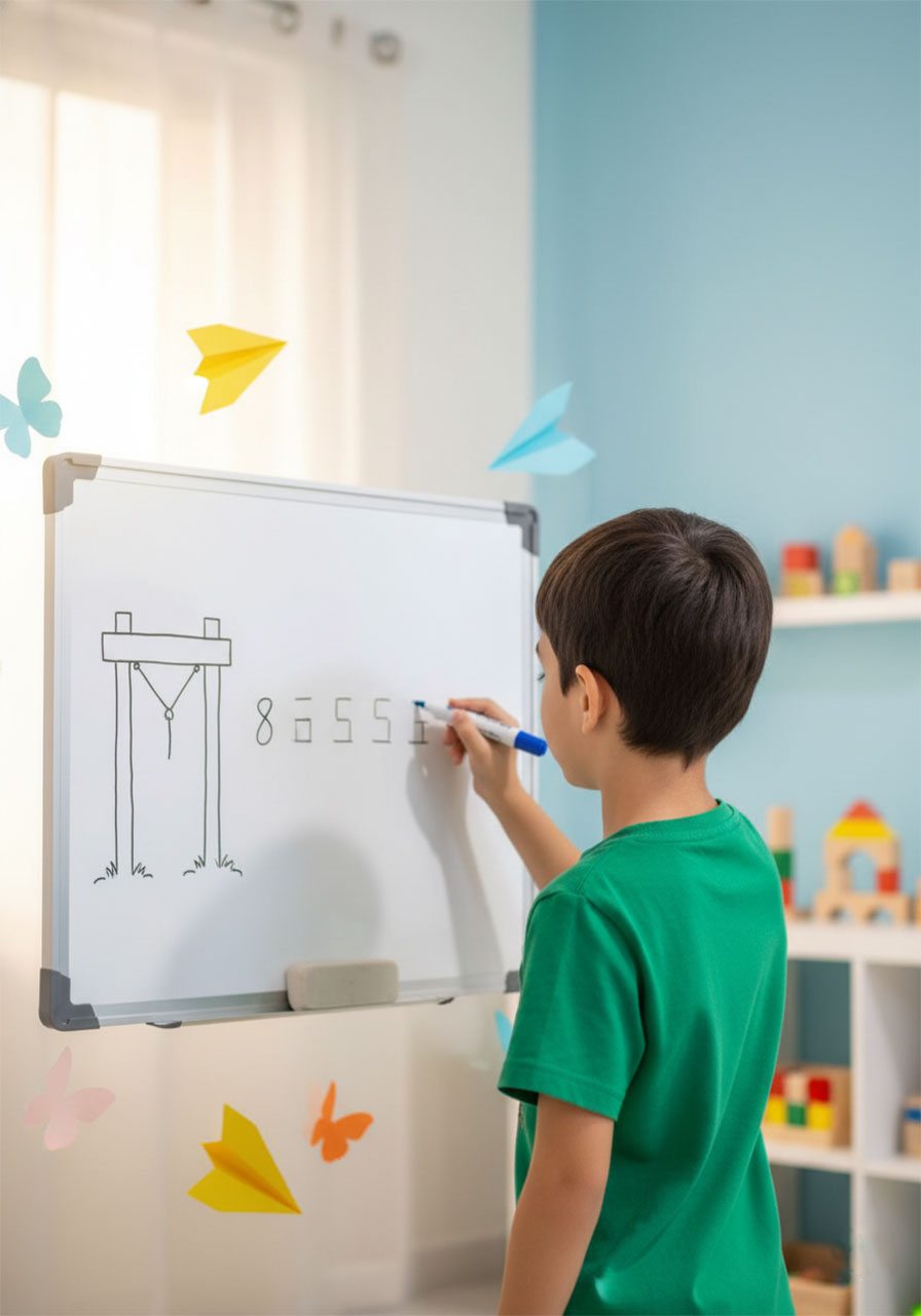 Child playing hangman word guessing game with parent - educational spelling game for kids