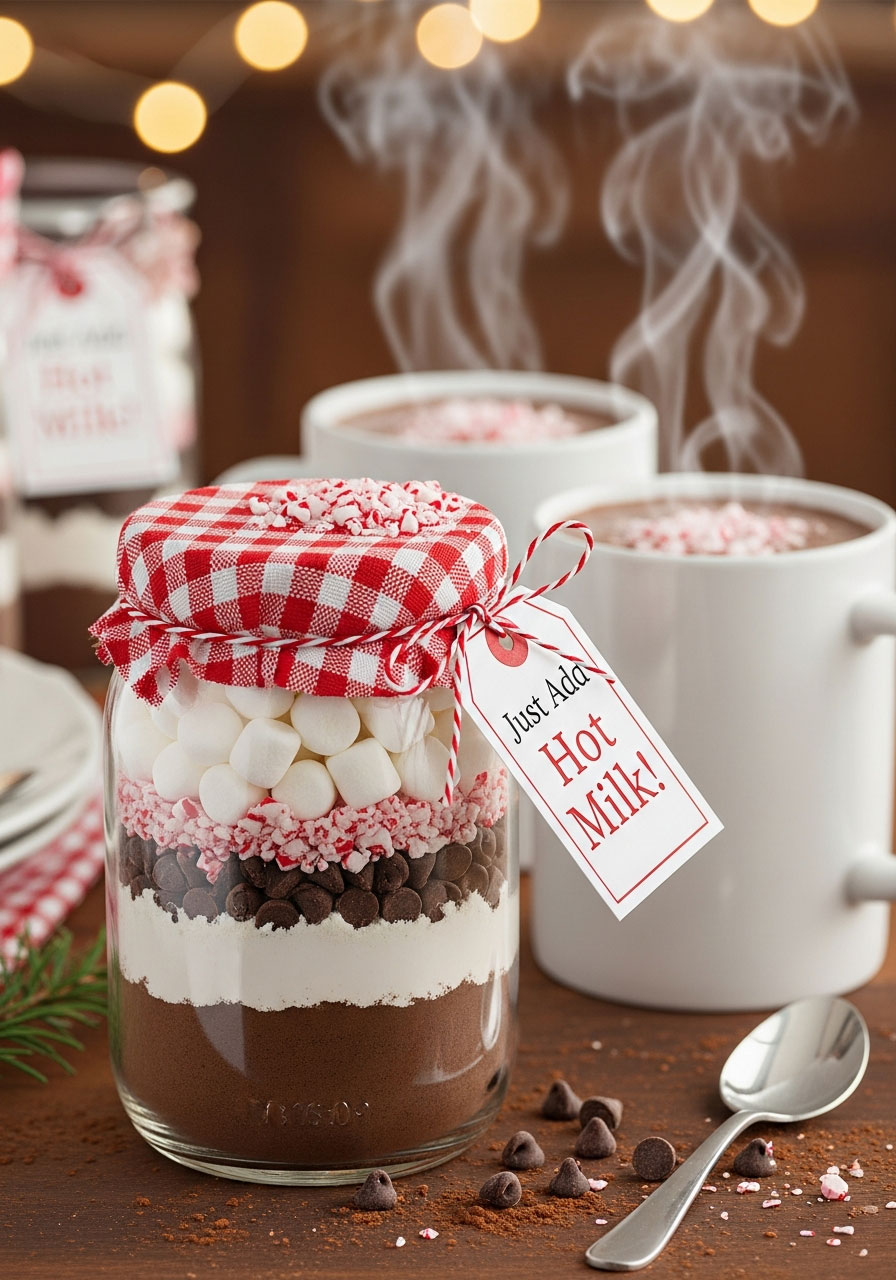 Layered hot chocolate mix in mason jar party favor with marshmallows and instructions
