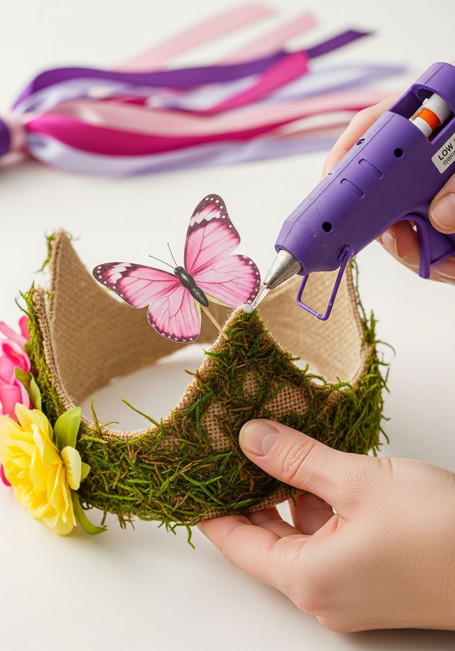 Close-up of hot glue gun attaching butterfly decoration to woodland fairy crown during final embellishment step