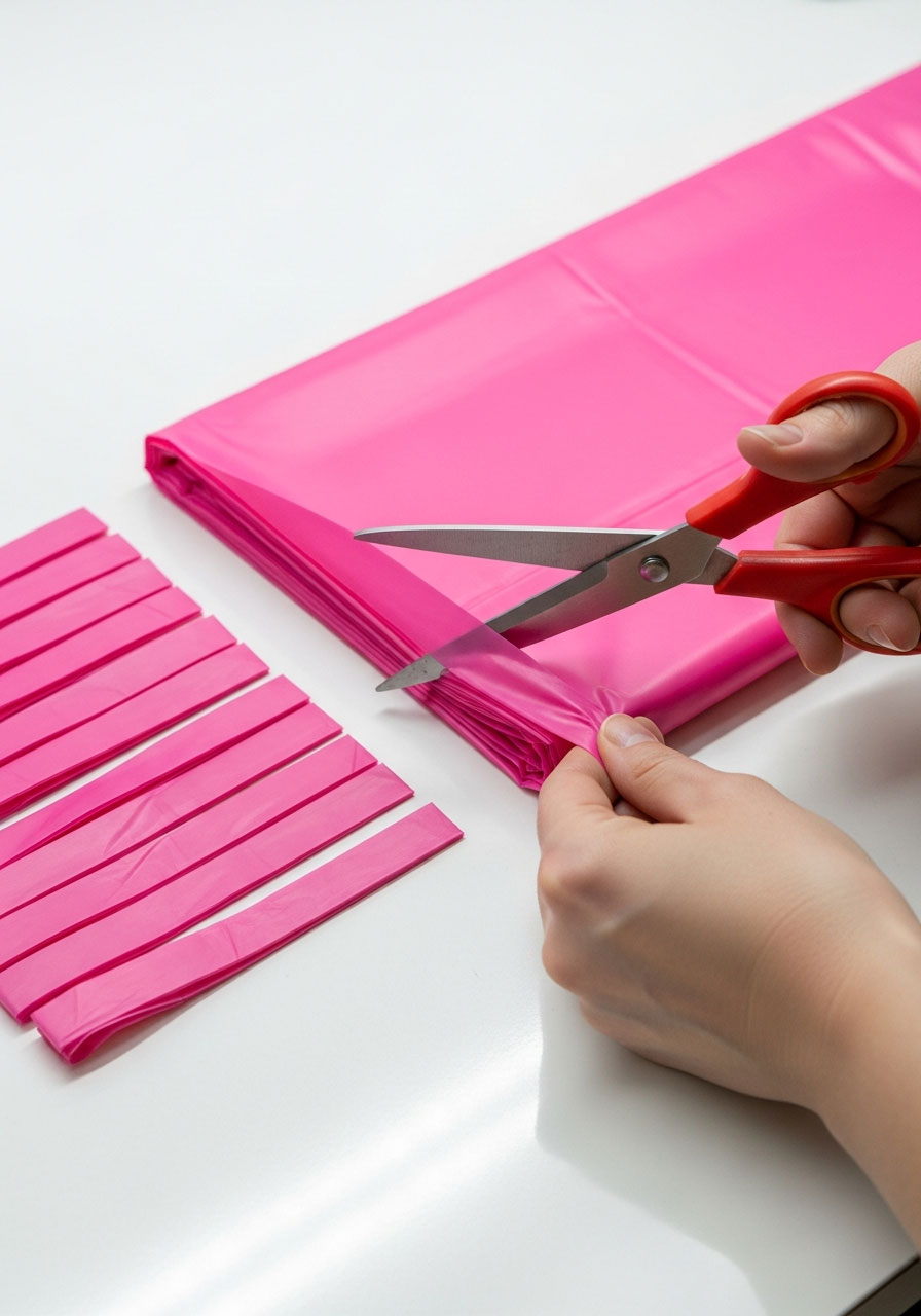 Hands using scissors to cut folded plastic tablecloth into strips for DIY party backdrop