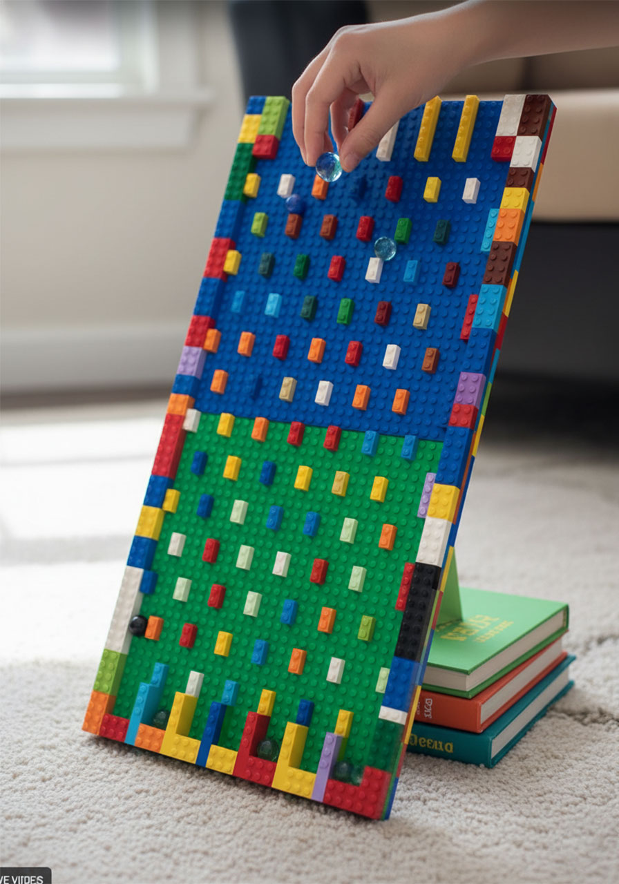 Complete LEGO Plinko board with colorful pegs and marble slots made from baseplate and bricks propped at angle