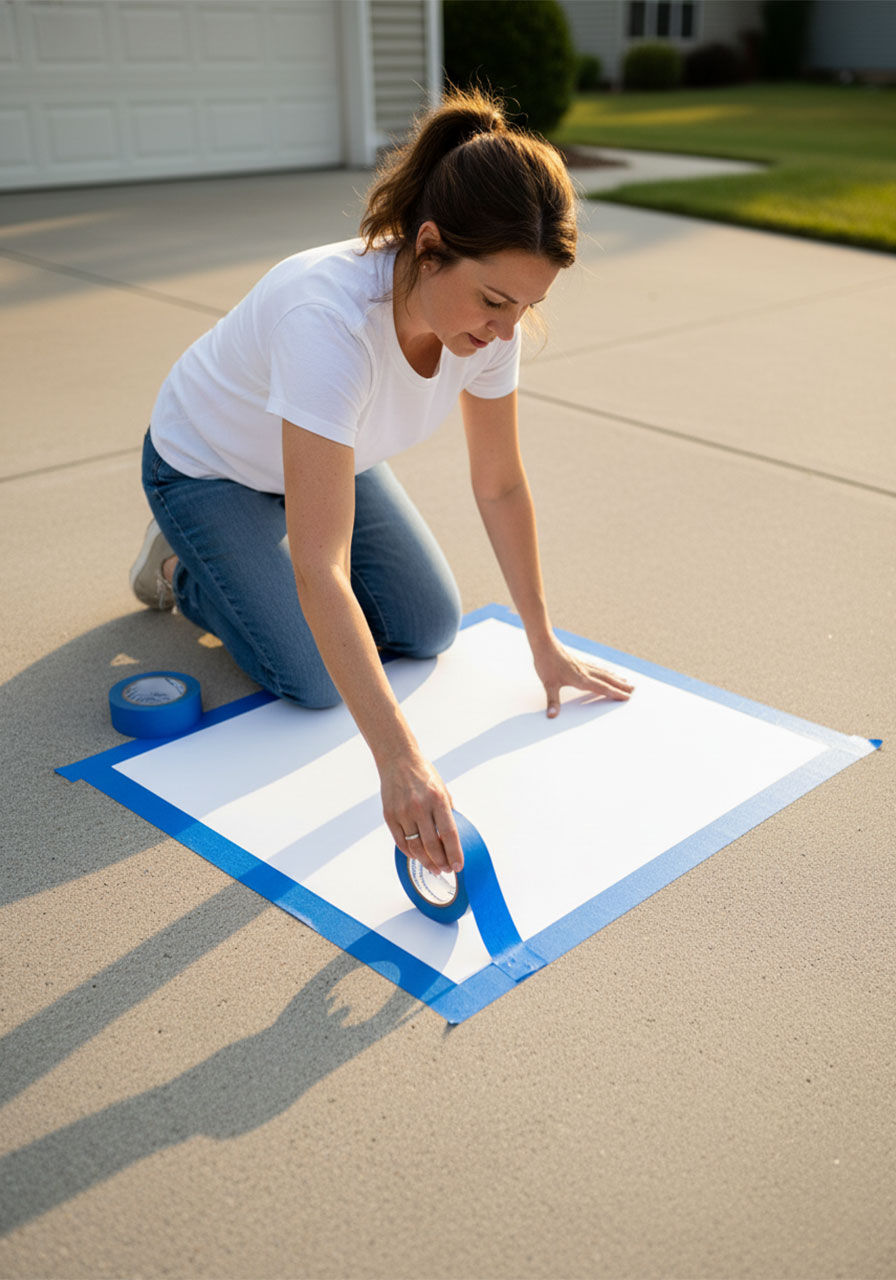 Parent taping down white poster board to driveway with painter's tape to secure it for kids car painting art activity