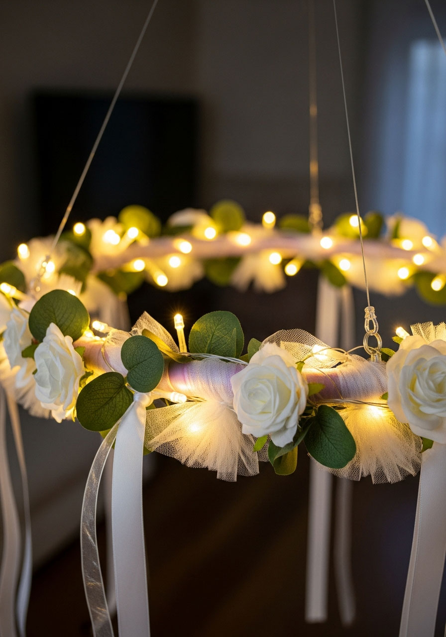 Hula hoop lights chandelier closeup decoration showing detailed construction with LED lights and flowers for DIY party