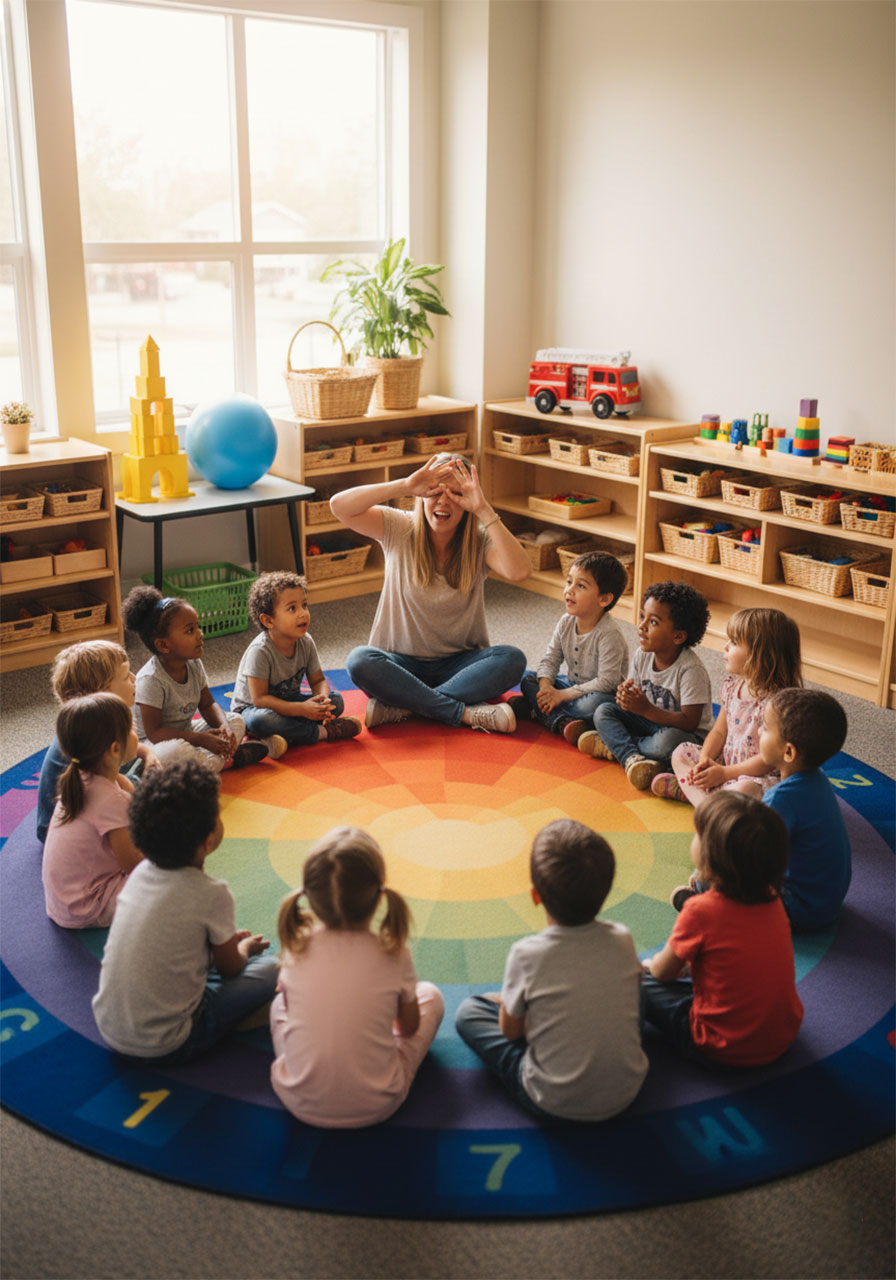 Preschool children playing I Spy game during circle time, searching classroom for color-matching objects