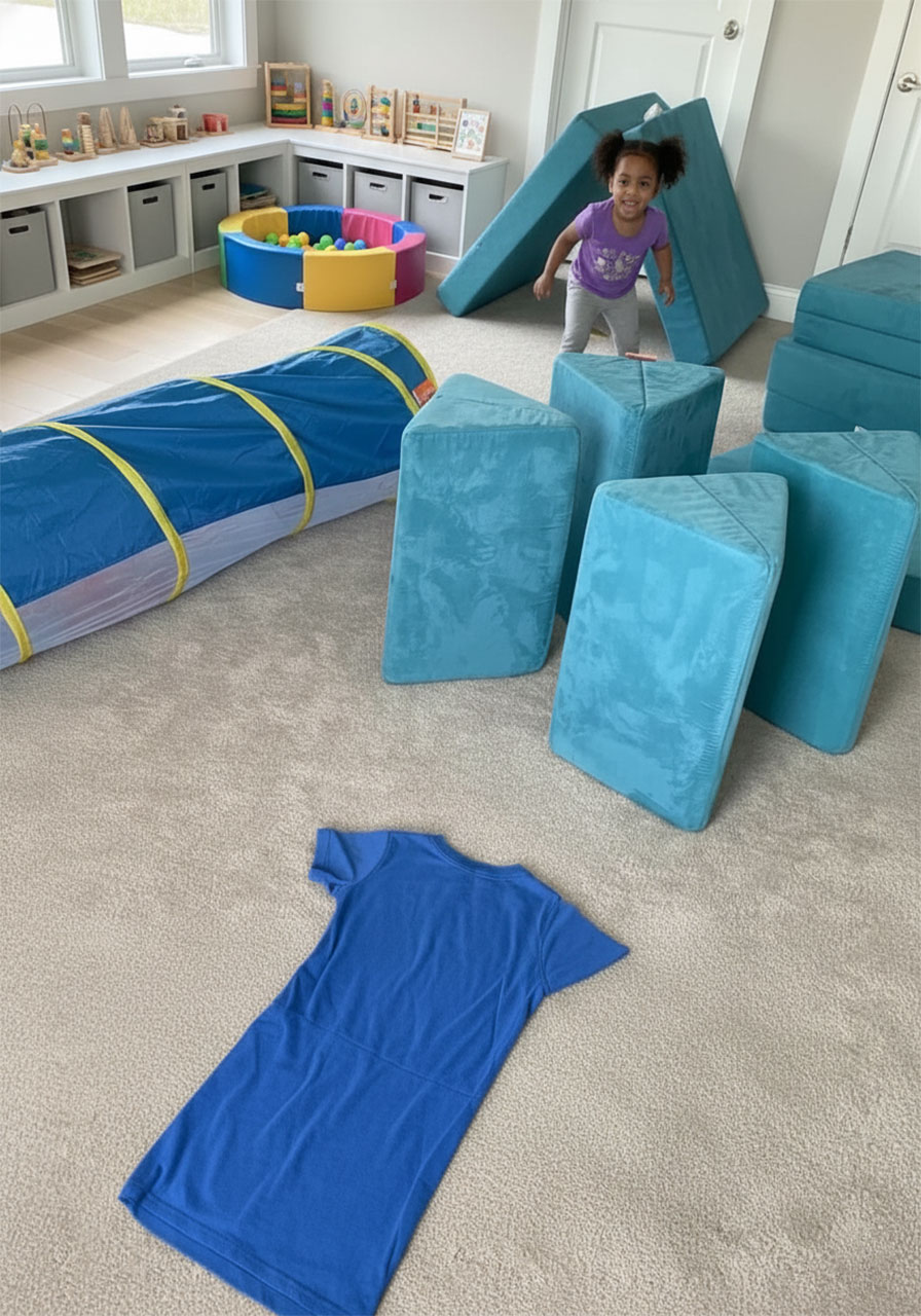 Kids completing homemade indoor obstacle course with household items - active indoor game and energy burner for children