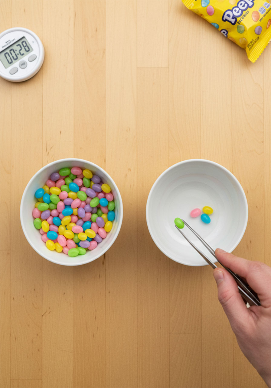 Hand using tweezers to transfer colorful jelly beans between bowls in spring minute to win it challenge