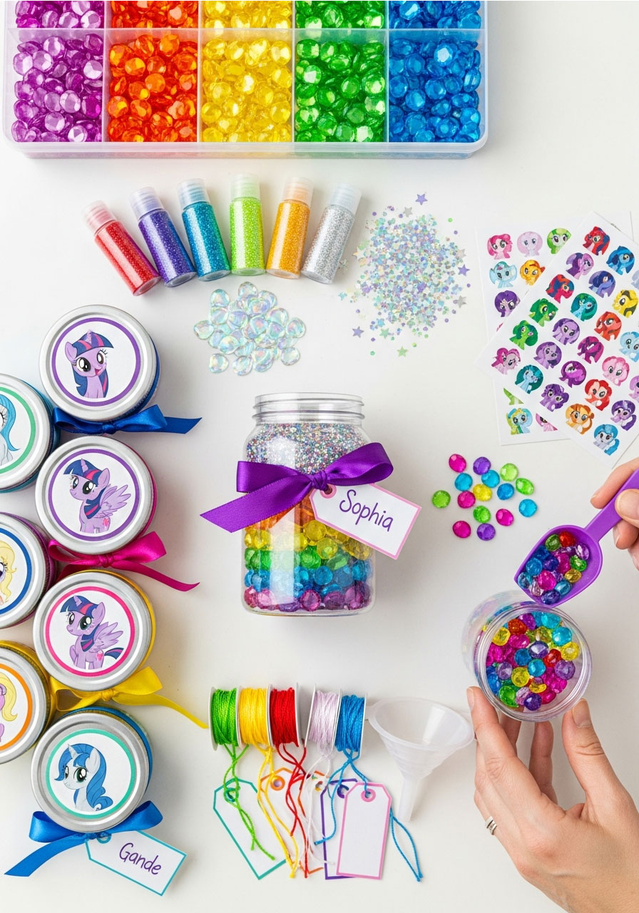 DIY jewel-filled treasure jars with colorful gems and My Little Pony stickers for birthday party take-home favors