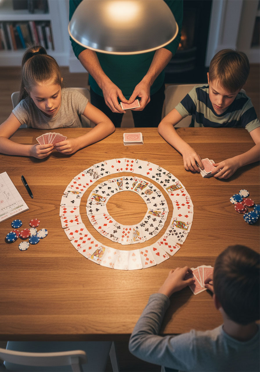 Family playing card games for kids with one simple standard deck at home dining table