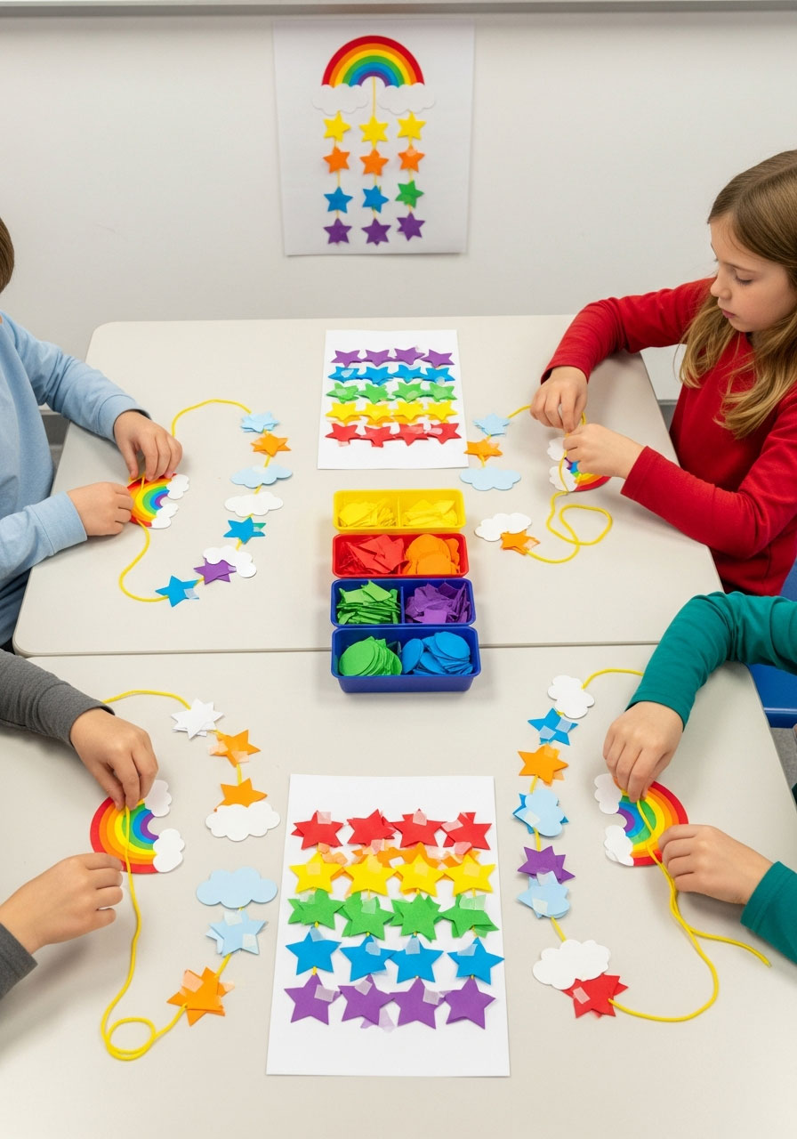 Children making mini rainbow garlands at craft table with colorful paper shapes and yarn supplies
