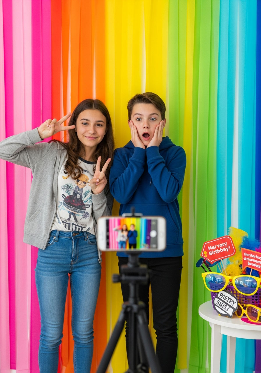 Two kids posing and having fun in front of colorful DIY tablecloth backdrop photo booth at birthday party
