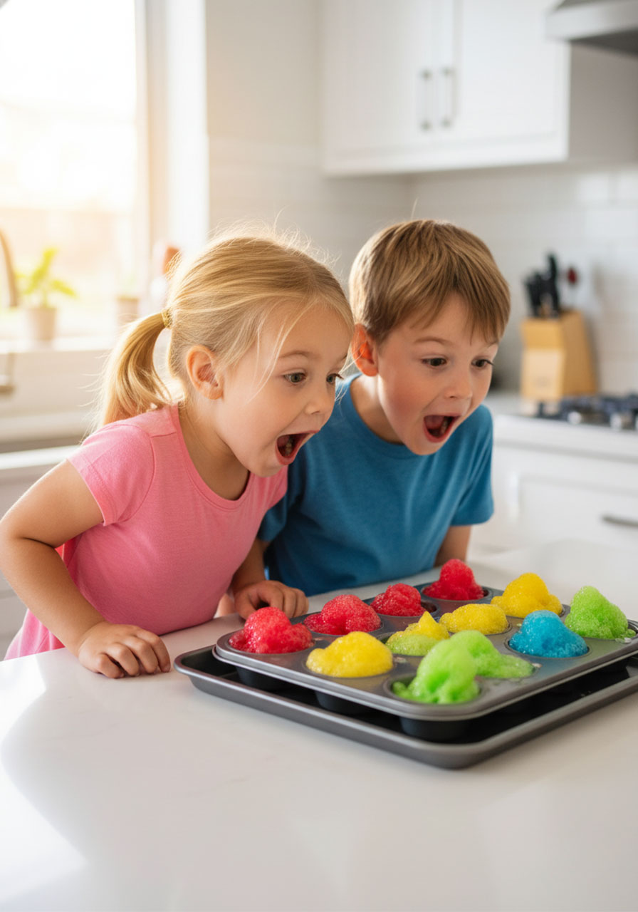 Two excited children watching colorful baking soda and vinegar fireworks fizzing reactions during fun science experiment at home