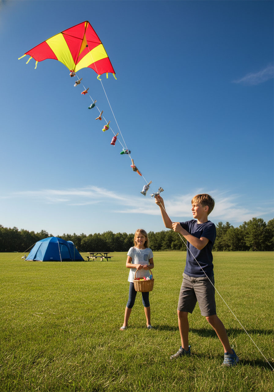 Children playing kite retrieval challenge game with prizes attached to kite string at camping site