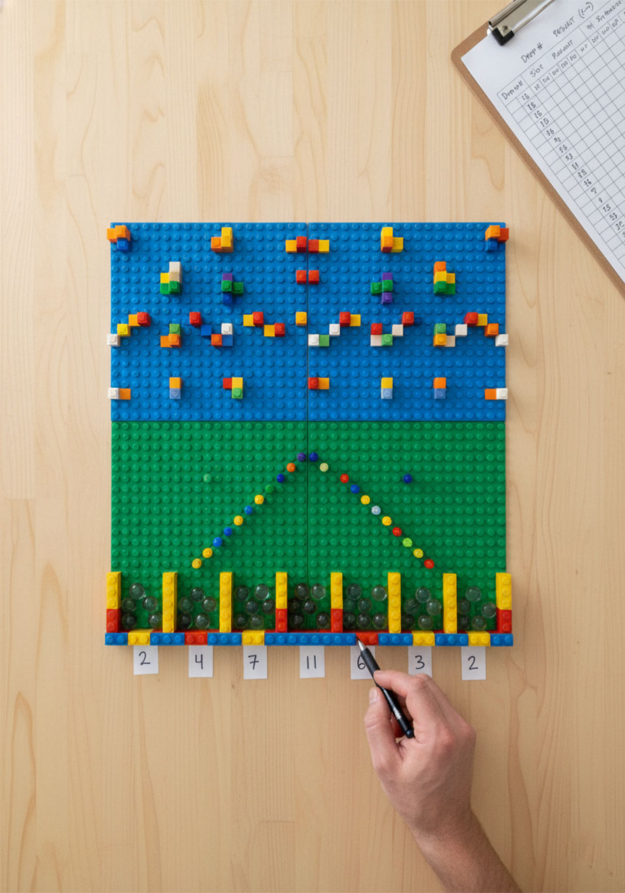 LEGO Plinko board showing marble distribution in slots demonstrating bell curve probability pattern