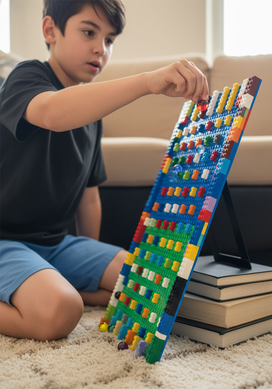 Boy dropping marble on LEGO Plinko board showing marble bouncing off colorful pegs mid-game
