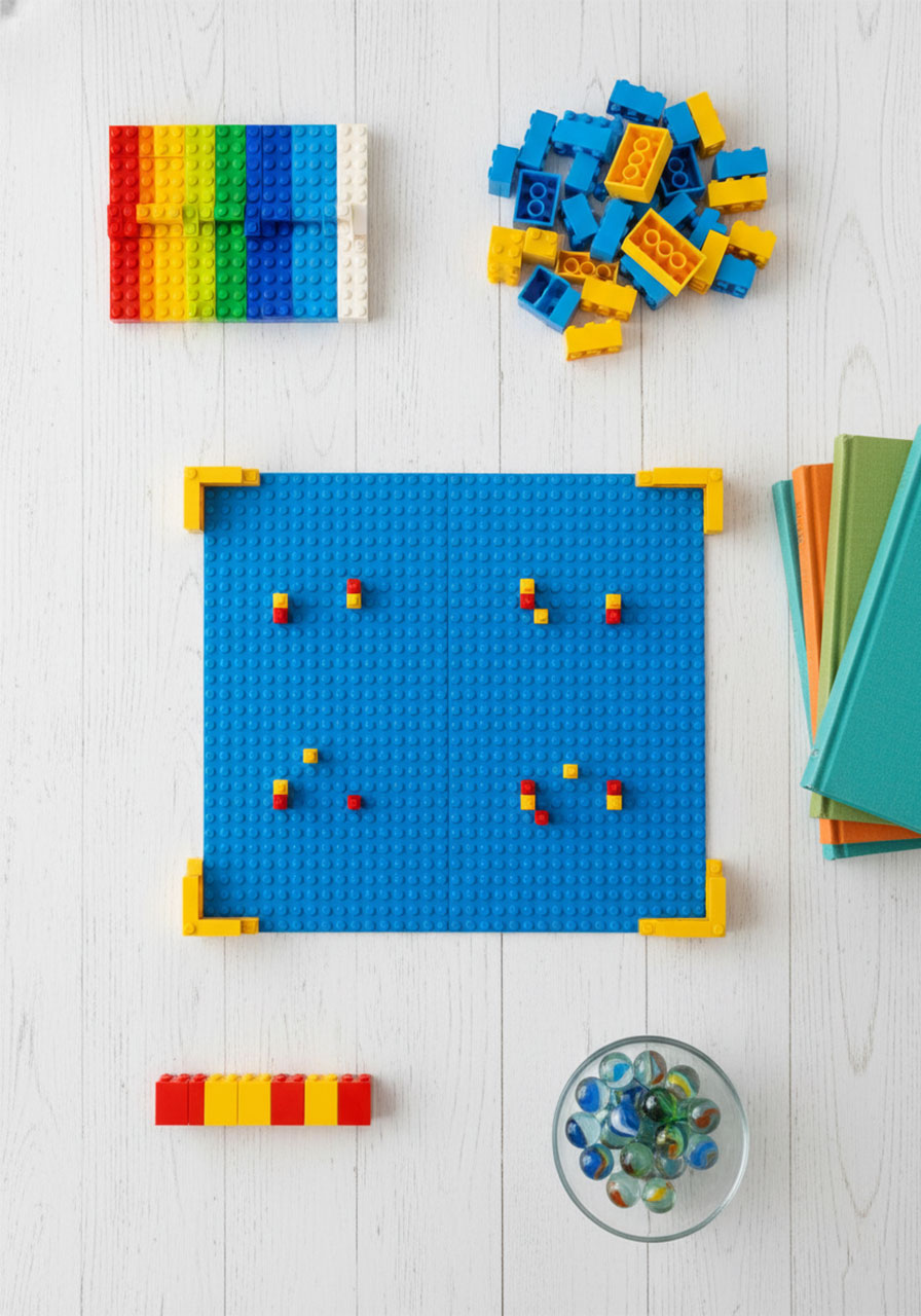Flatlay of all LEGO bricks, baseplates, marbles, and books needed to build DIY Plinko board
