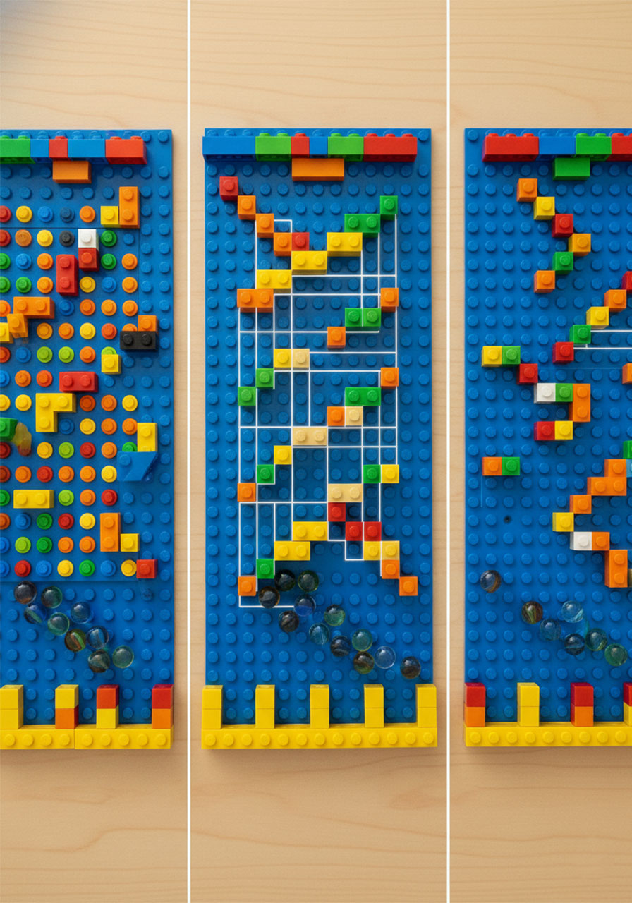 Side-by-side comparison of three LEGO Plinko board designs using different peg brick configurations