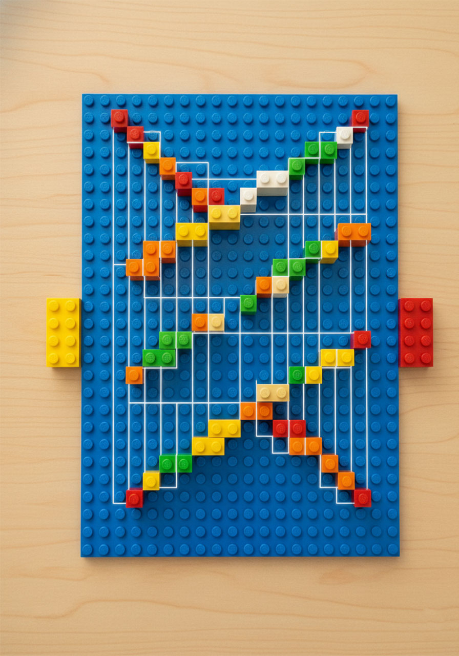 Overhead view of LEGO Plinko board showing staggered 1x2 brick pegs with proper 3-stud horizontal spacing
