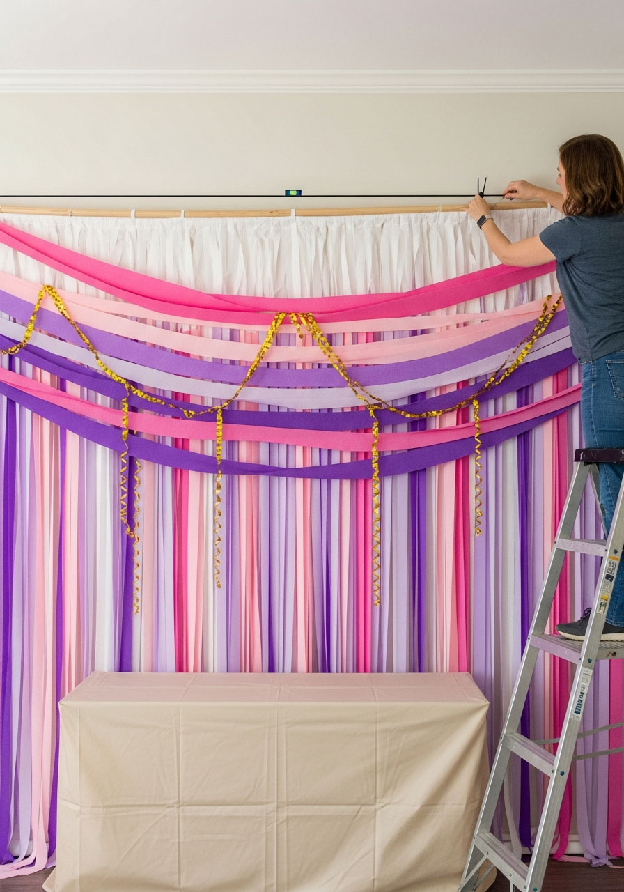Woman on ladder adjusting zip ties to level completed crepe paper streamer party backdrop with arc shape