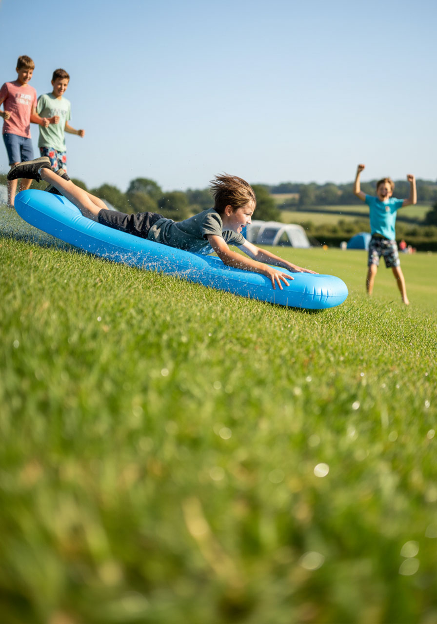 Child sliding down grassy hill on inflatable lilo air mattress for camping grass surfing fun