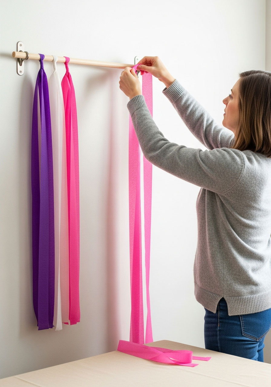 Woman draping and looping pink crepe paper streamers over dowel rod to create double-length party backdrop
