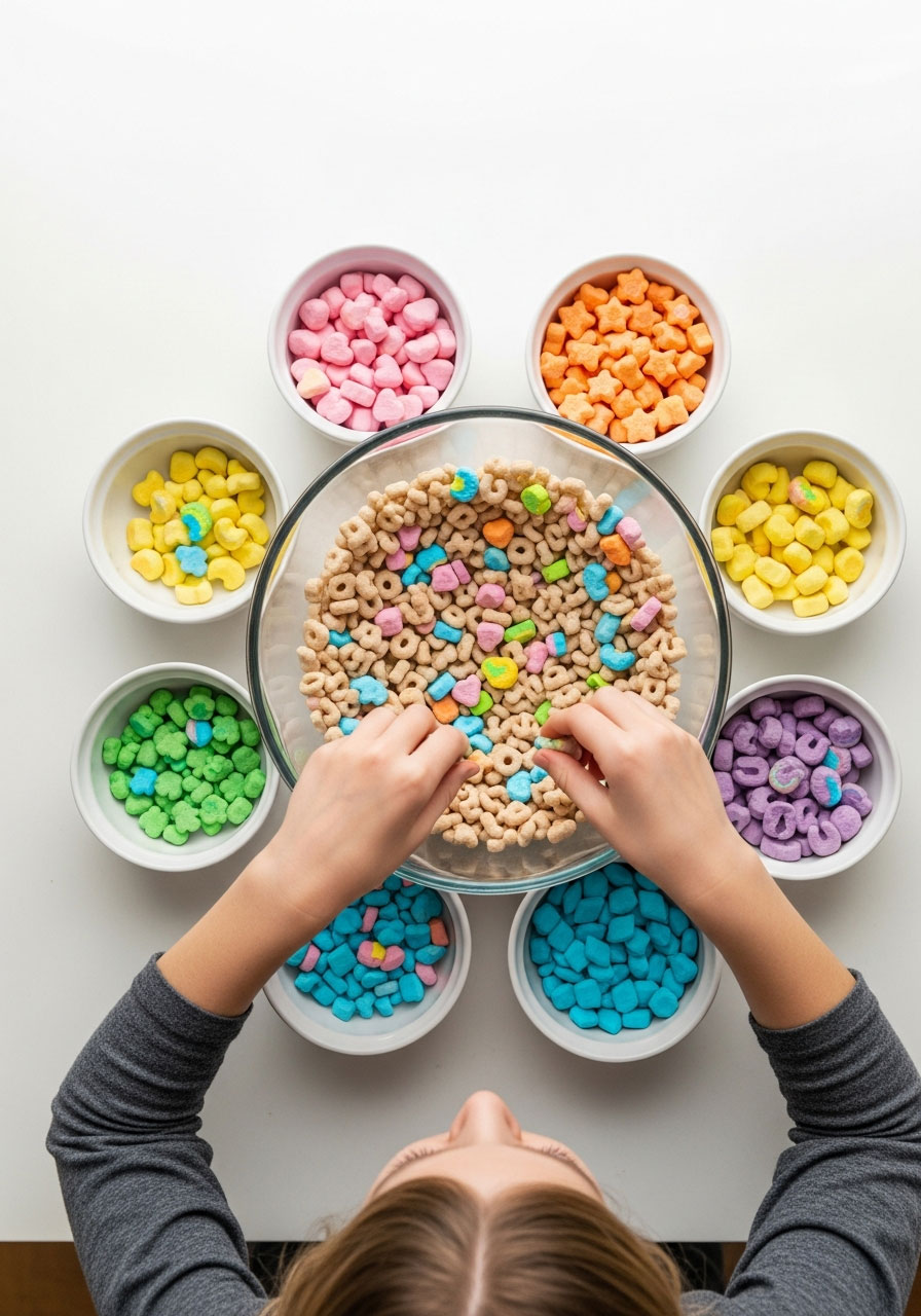 Overhead view of child sorting Lucky Charms marshmallows by shape in minute to win it game