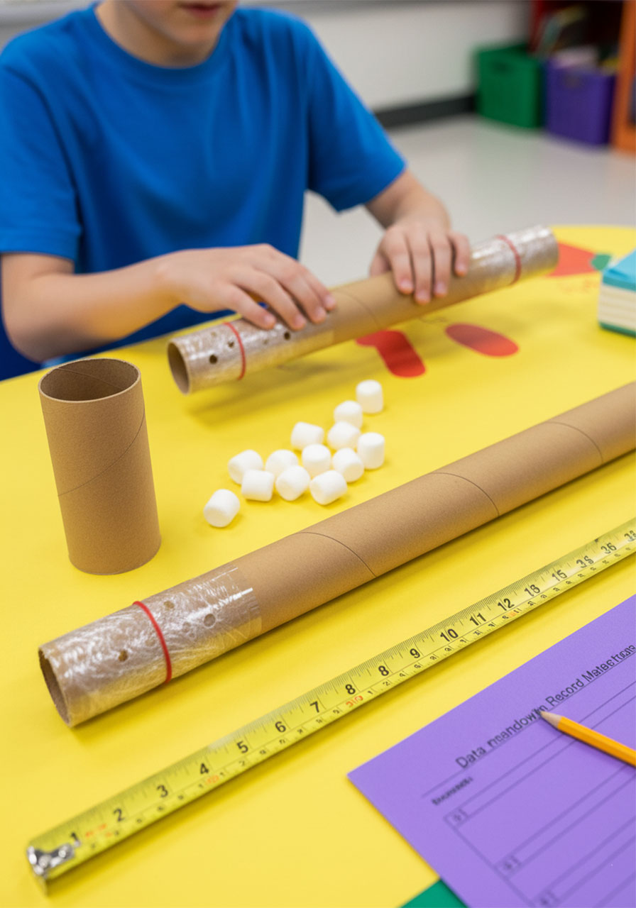 Marshmallow blow tube experiment setup with two different length cardboard tubes demonstrating Newton's Second Law of Motion