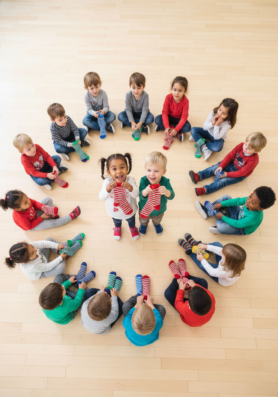 Preschoolers finding matching sock partners during circle time pattern recognition and observation game