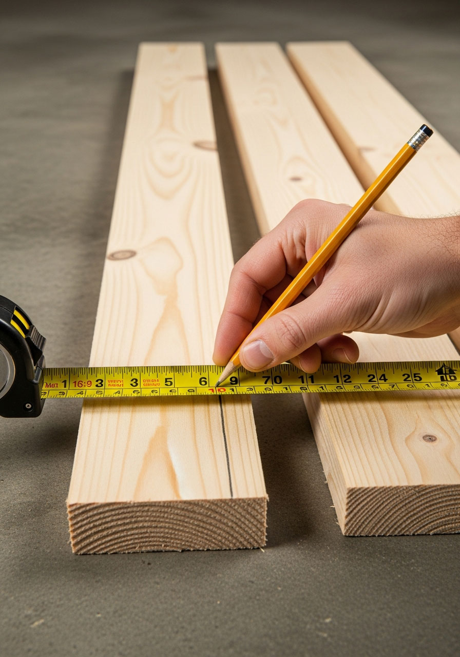 Measuring and marking 7.5-inch cuts on 2x3 lumber board with measuring tape and pencil for DIY giant Jenga blocks