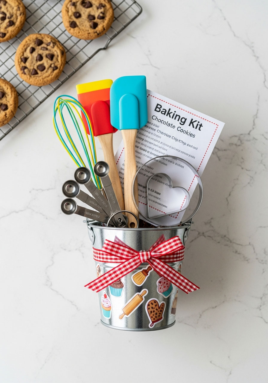 Mini baking kit party favor with whisks, measuring spoons, and cookie recipe for children