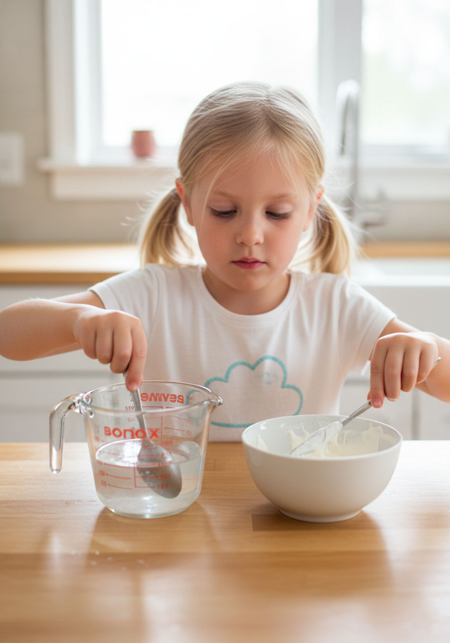 Young girl mixing borax water solution and glue cornstarch mixture in separate bowls - first steps to make homemade bouncy balls