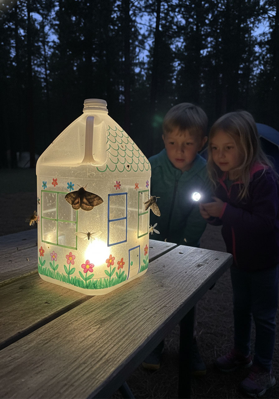 DIY milk jug moth house with light attracting night insects for camping nature observation