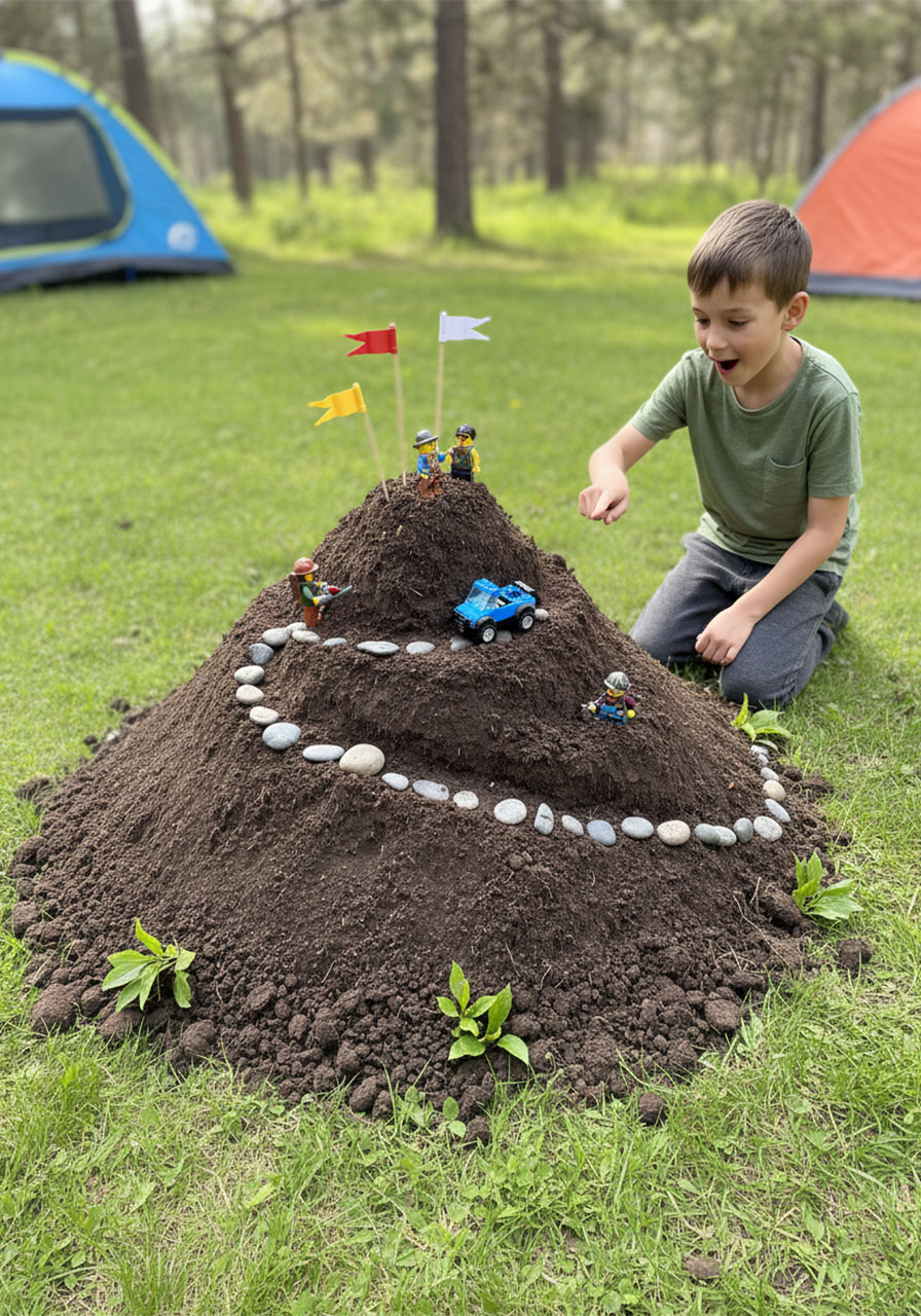 Child building miniature mountain from dirt mound with roads, flags and toy figures at campsite