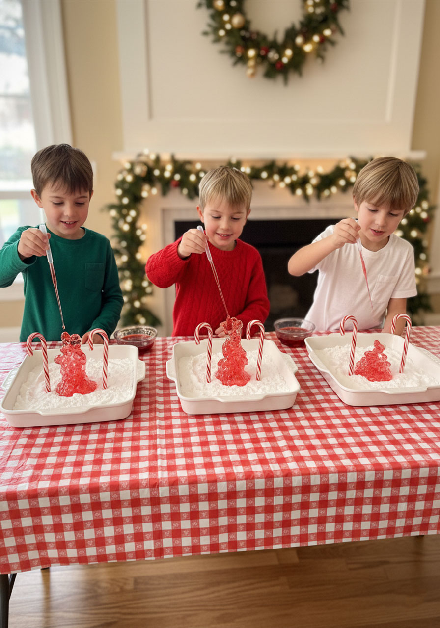 Three children conducting candy cane eruption experiments simultaneously at holiday party