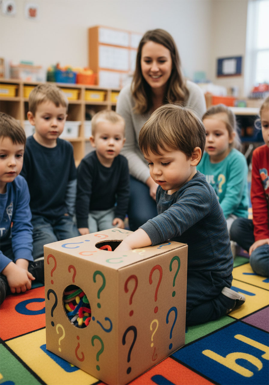 Toddler reaching into mystery sensory box to feel and guess hidden objects during circle time activity