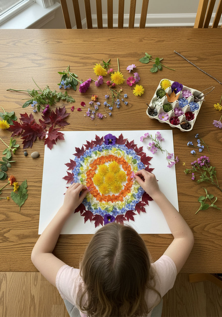Child creating colorful nature mandala art using treasures collected from egg carton color hunt activity