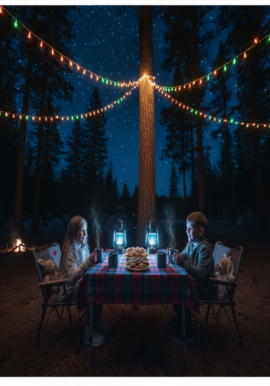 Children having magical nighttime tea party with string lights and hot cocoa at camping site