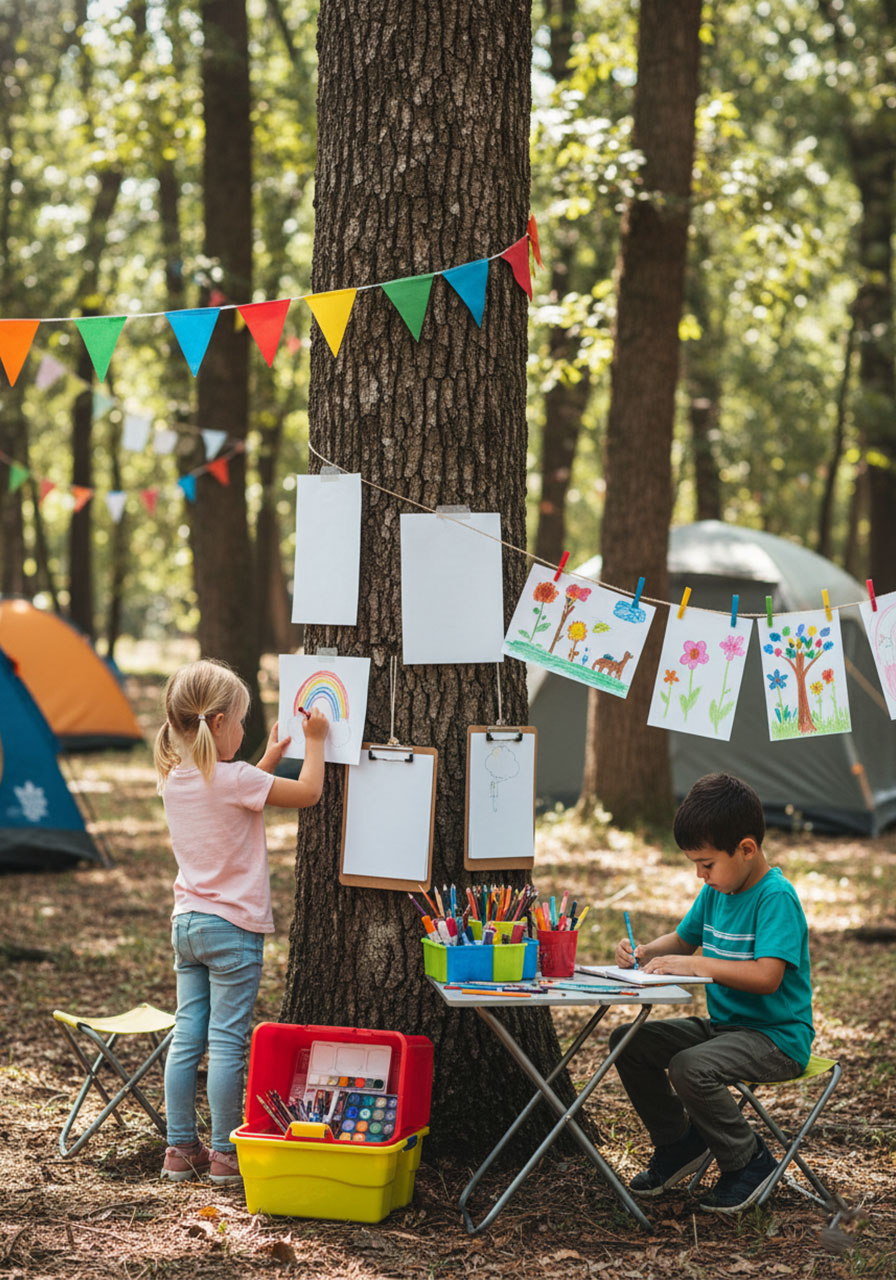 Children creating art at outdoor tree art station with supplies and gallery line at campsite