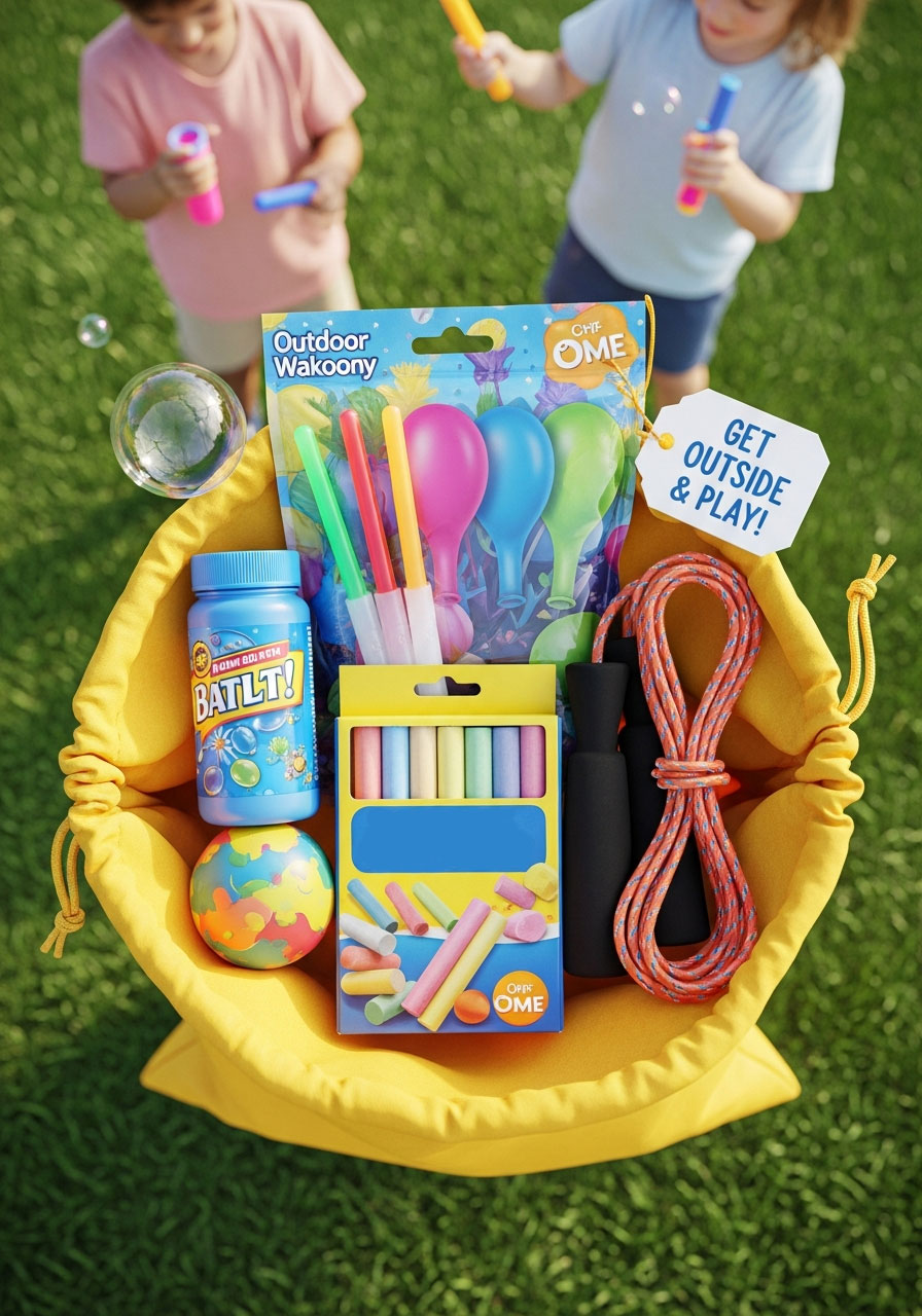 Outdoor fun kit party favor with bubbles, chalk, and summer activity toys in drawstring bag