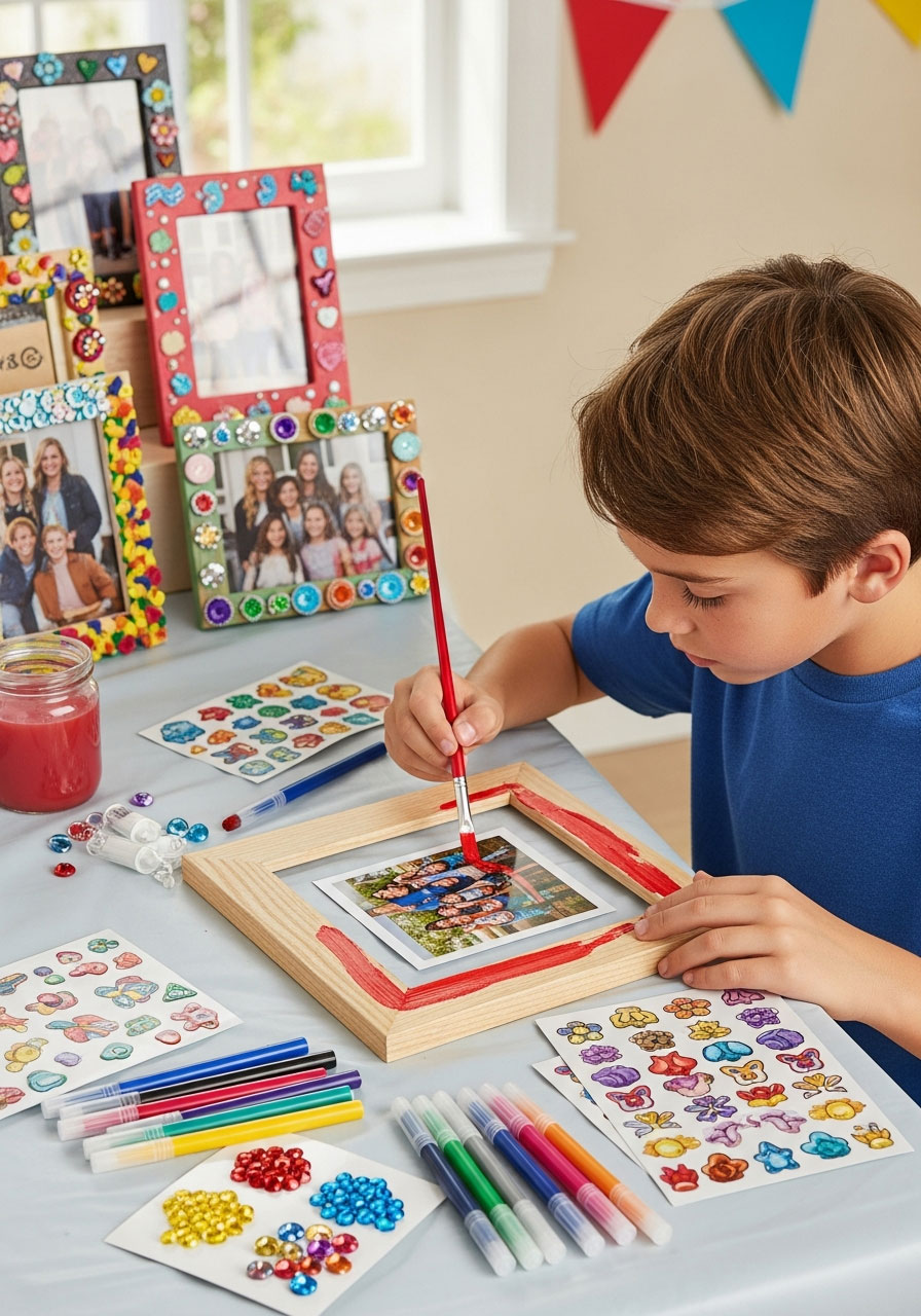 Child painting wooden picture frame party favor with colorful paint pens and decorations
