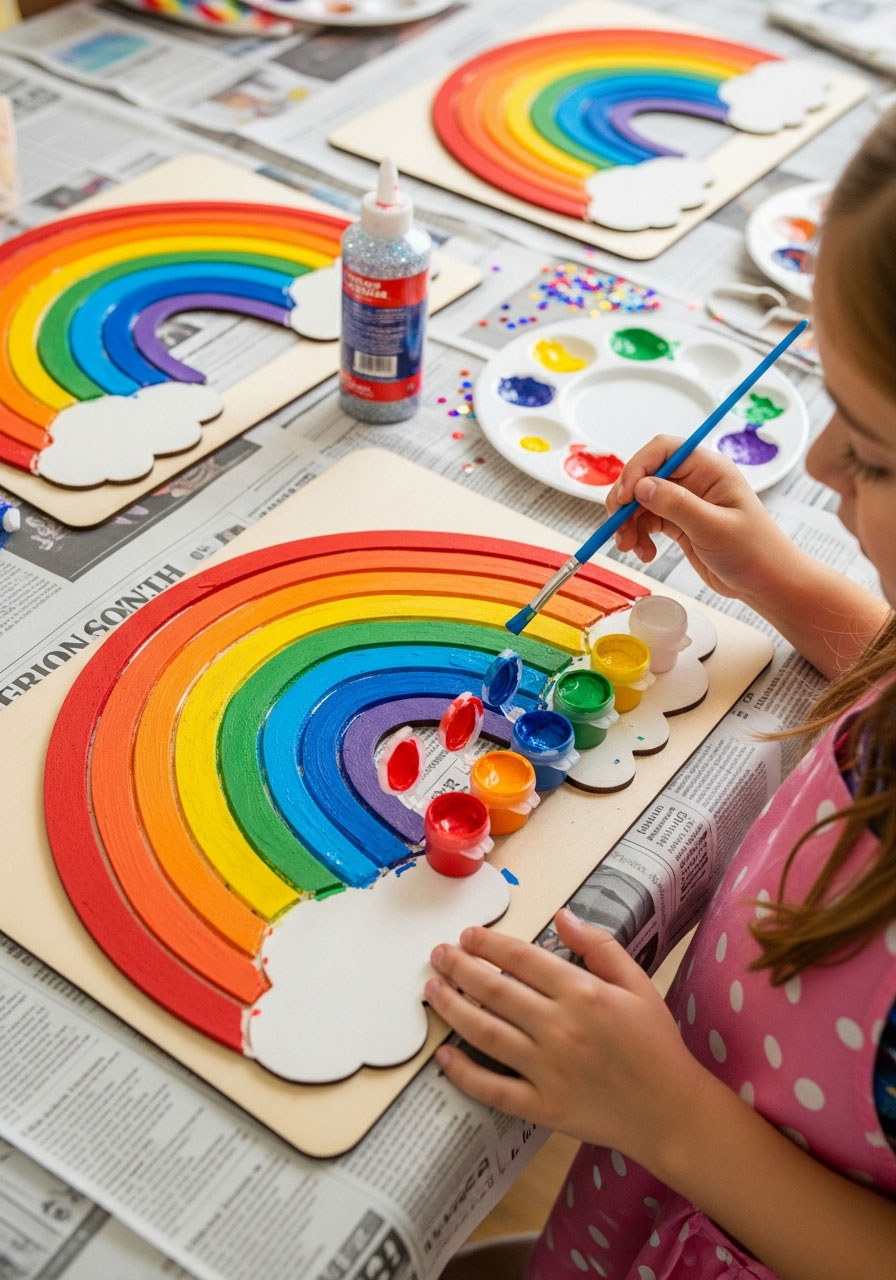 Child painting wooden rainbow craft party favor with colorful paints at birthday party activity