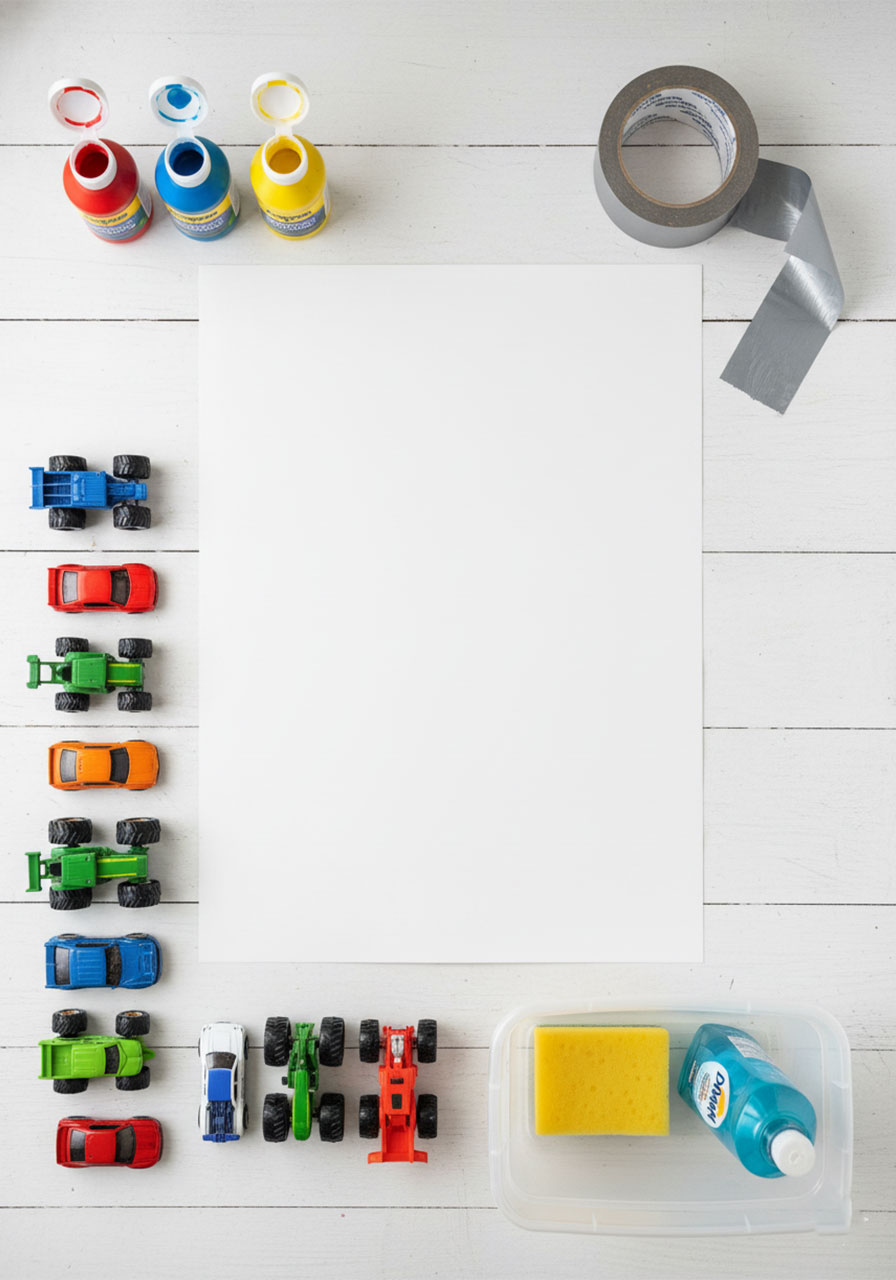 Flat lay of art supplies needed for car painting activity including washable paint, poster board, toy cars, tape, and cleaning supplies