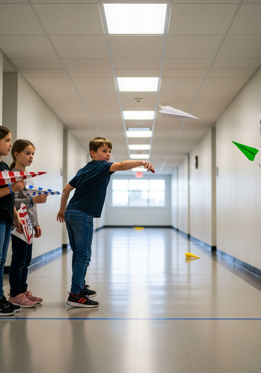 Kids racing paper airplanes down hallway during indoor competition - STEM activity and fun game for children