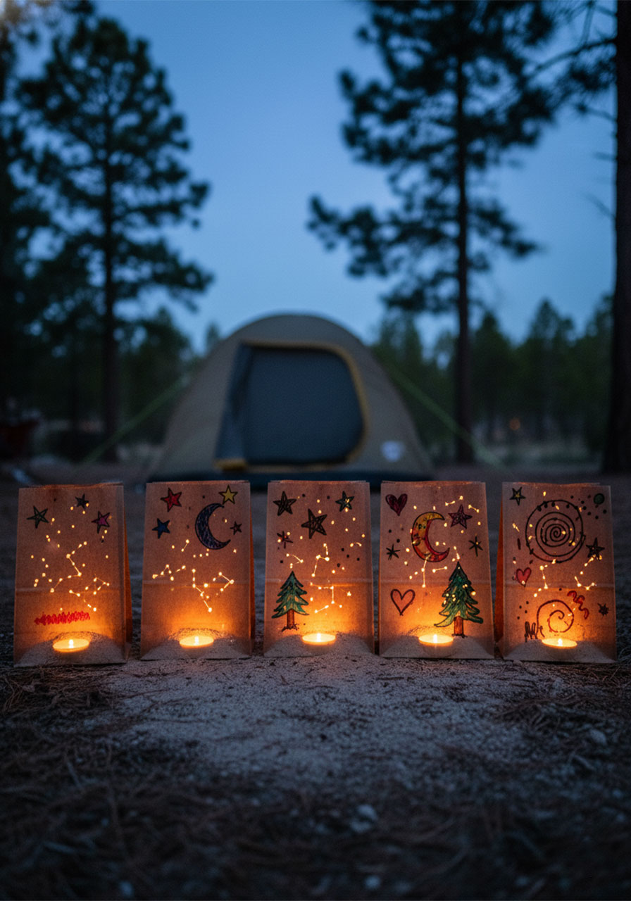 Decorated paper bag luminaries with tea lights lining camping tent pathway at dusk