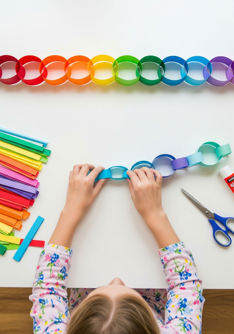 Classic rainbow paper chain garland showing interlocking loops with child's hands demonstrating linking technique