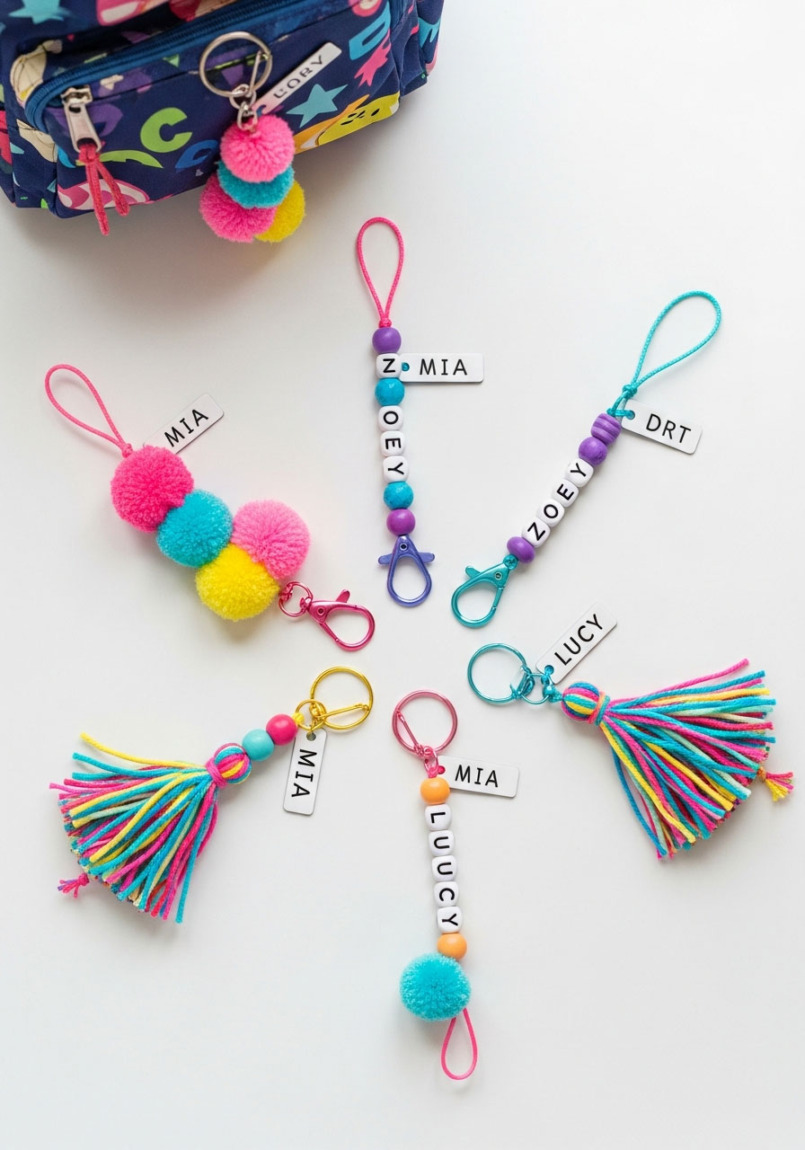 Personalized DIY backpack keychains party favors with pom-poms, tassels, and names