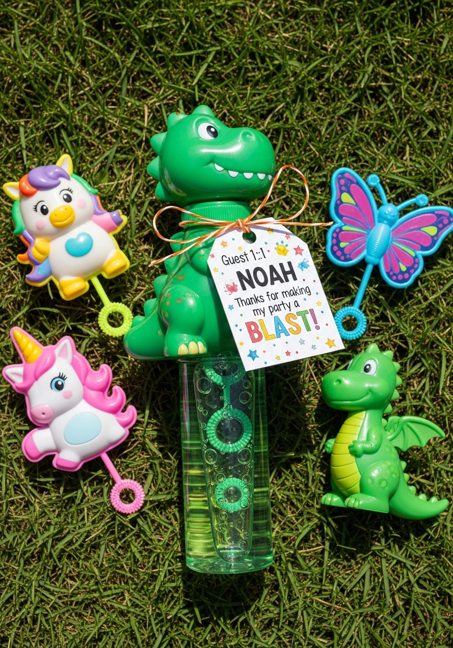 Dinosaur-shaped bubble wands with personalized thank you tags party favors for children